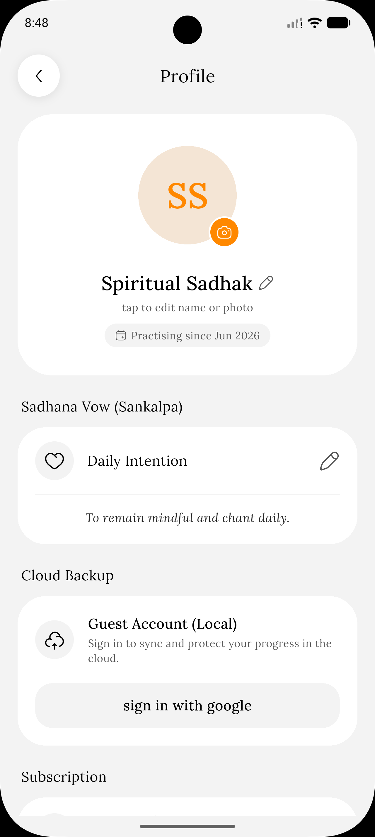 Naam Dhan Profile screen and sync settings